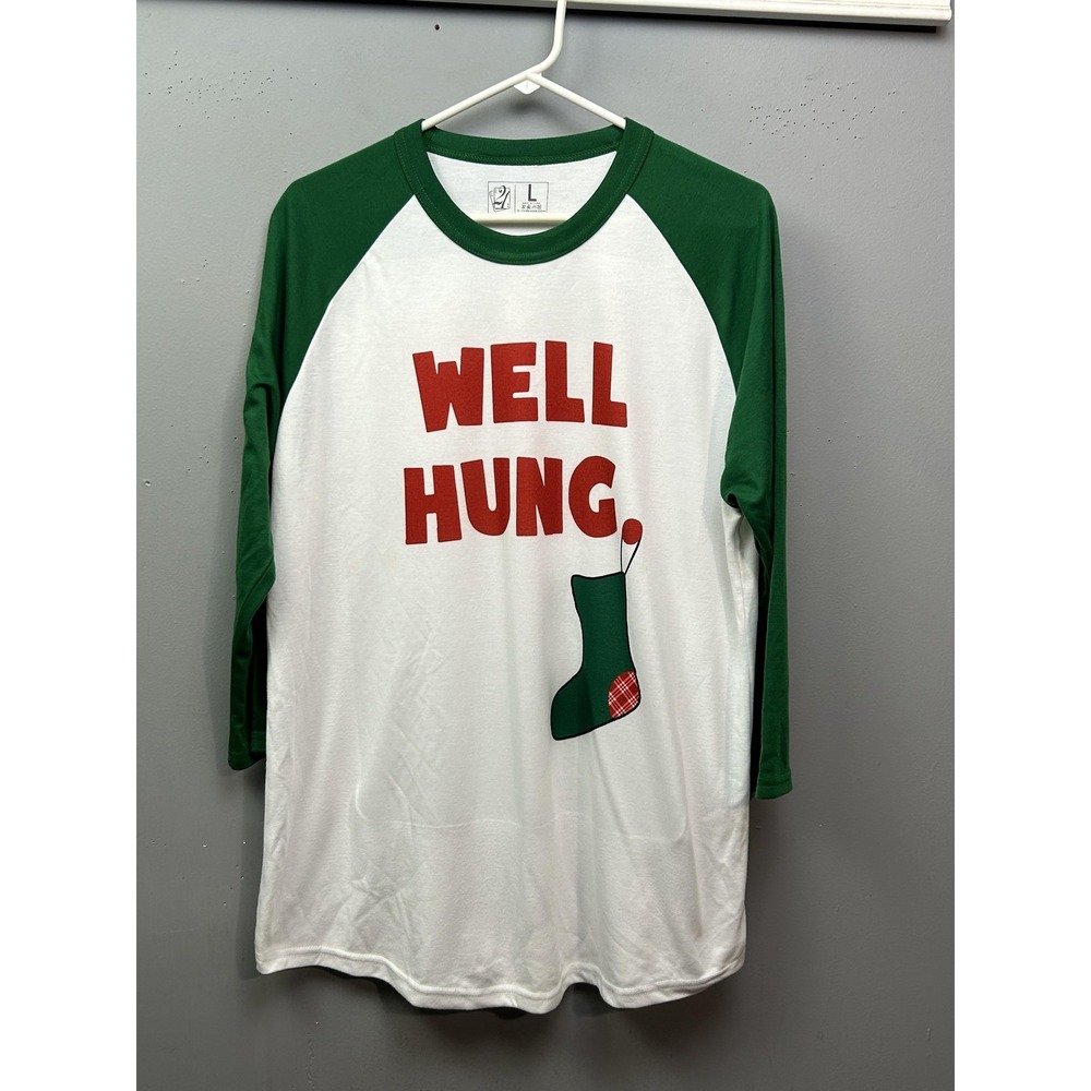 Well Hung Christmas Shirt Mens Large Green White Raglan 3/4 Sleeve Funny Graphic